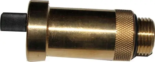 Automatisches Entlüftungsventil aus Messing mit schwarzem Betätigungshebel. Geeignet für Heizungssysteme, erkennbar an der Marke Wolf. Anschlussgewinde sichtbar.